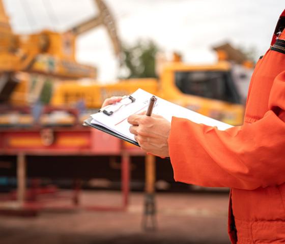 Person wearing hivis overalls, writing on a clipboard, with a yellow truck in the background