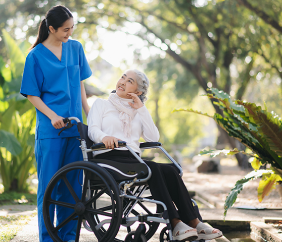 Support worker pushes elderly person in a wheelchair.