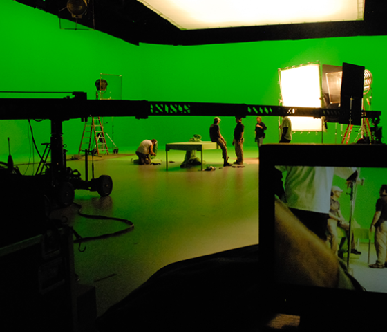 Green screen studio preparing visual effects. 