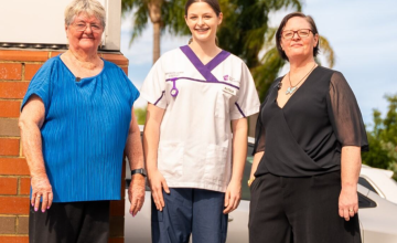 Nursing student Alyssa with her Mum and Grandma outside the Nursing training facility